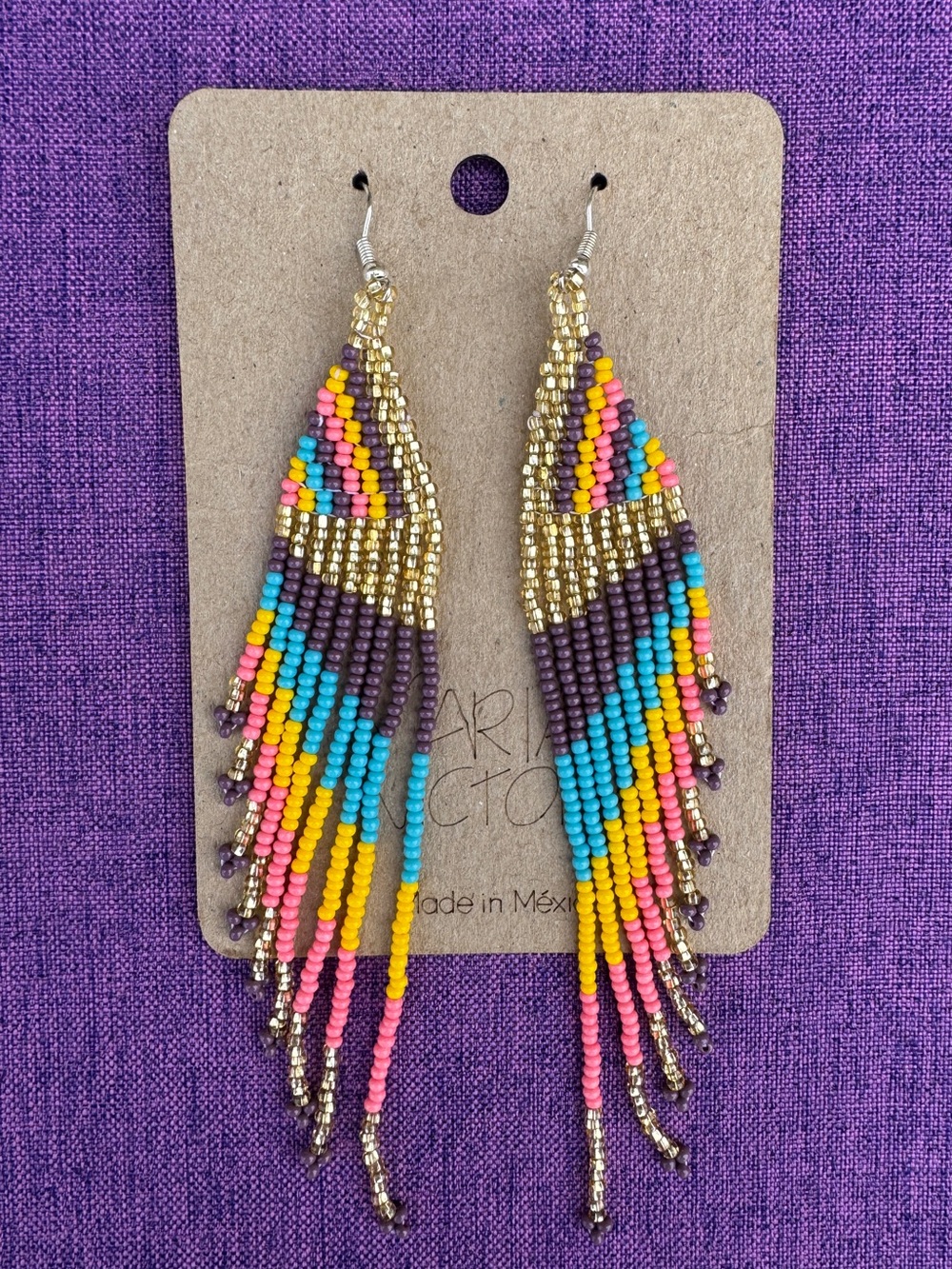 Maria Victoria Handmade Multicolor Seed Bead Fringe Earrings - Gold Accent